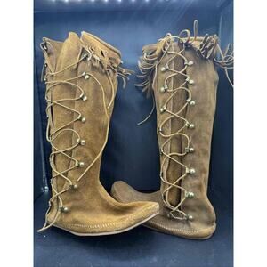 Minnetonka Tall Suede Fringe Lace Up Moccasin Boots Brown Womens Boho 7
